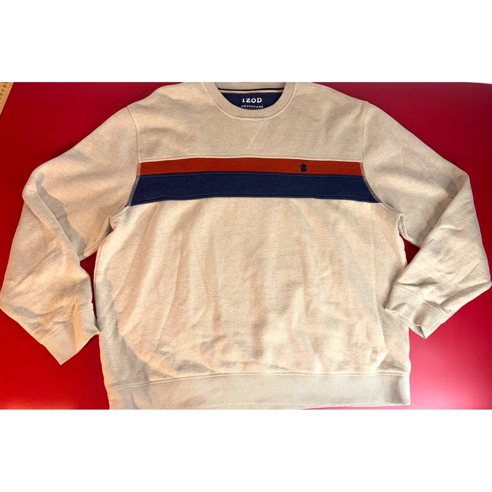 IZOD Advantage Performance Mens XXL Sweatshirt Beige Striped Crewneck Pullover